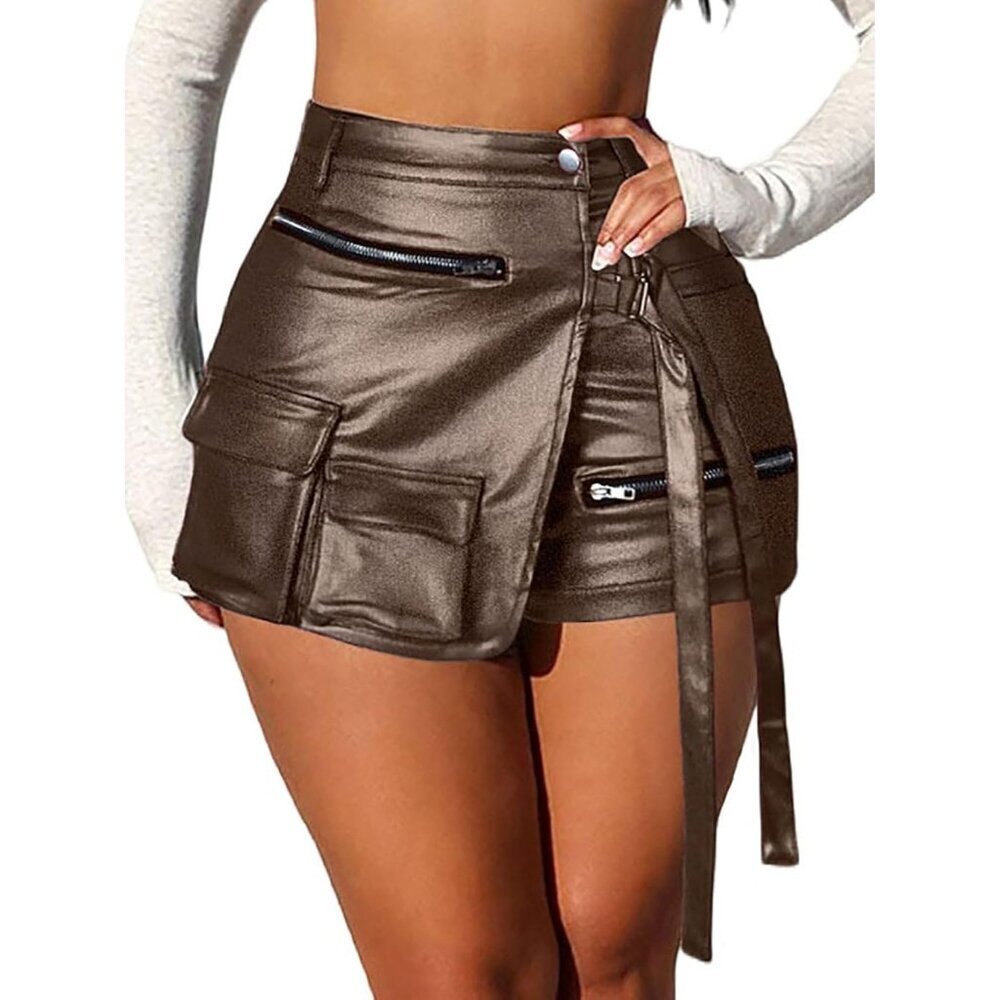 Women's Brown Leather Metallic High Waisted Cargo Skort Asymmetrical Shorts